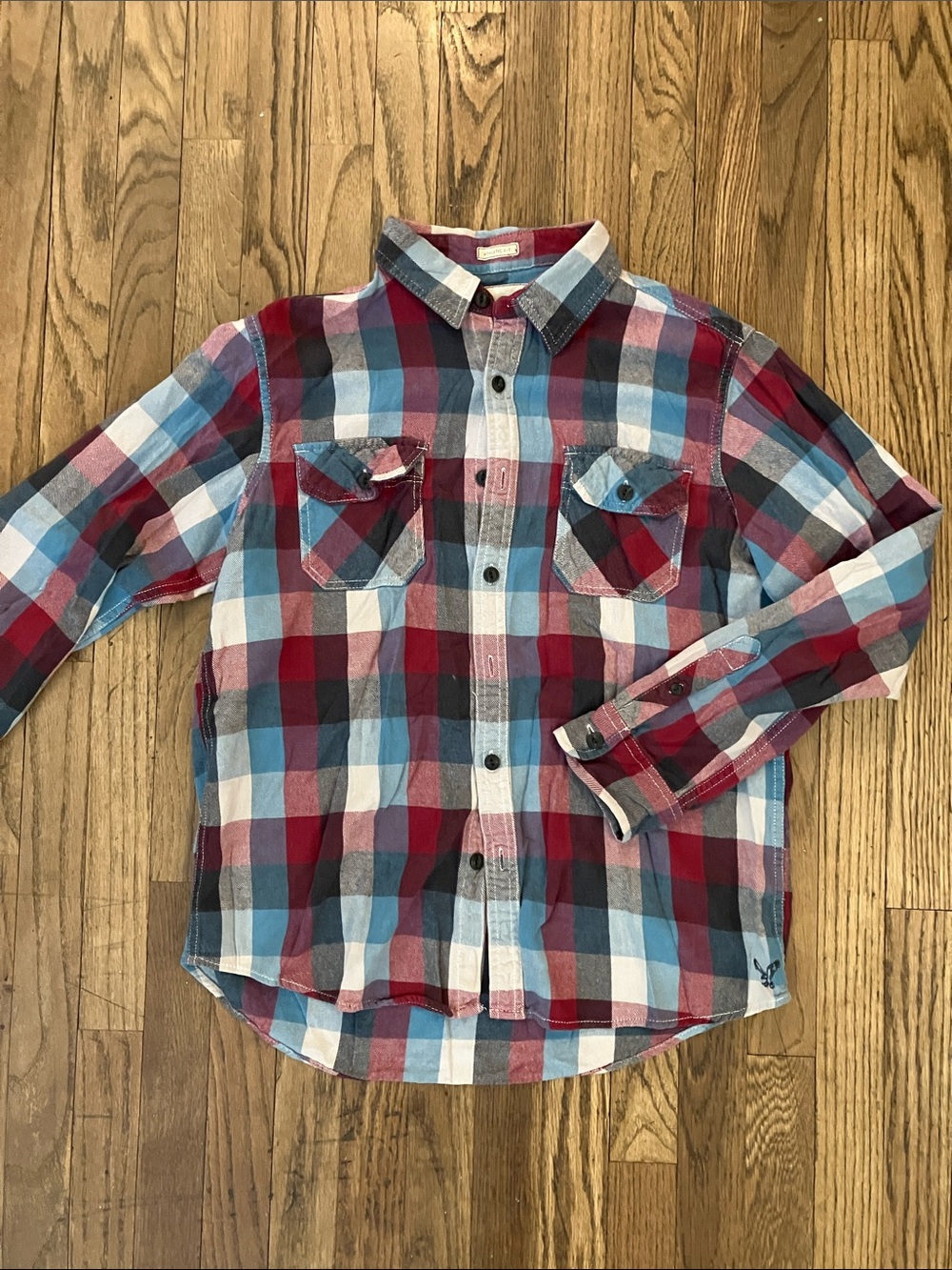 American Eagle Outfitters Red, Blue, and White Plaid Button-Down Shirt